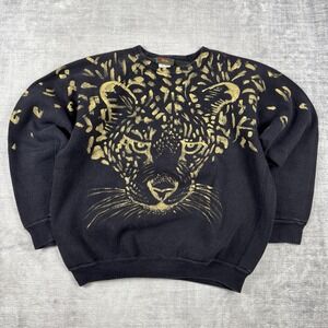 Vintage Nature Sweatshirt Mens XL Black Cheetah 90s Hand painted Crewneck